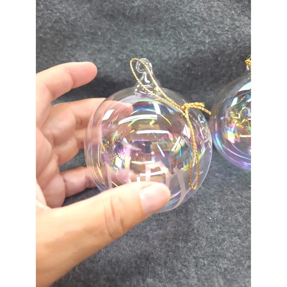 2 Clear Hand Blown Glass Christmas Ornaments Iridescent Etched Joy Peace